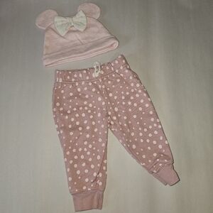 Disney + Carters Bundle Baby Hat Mouse Ears Bow Soft Pink Jogger Pants Polka Dot